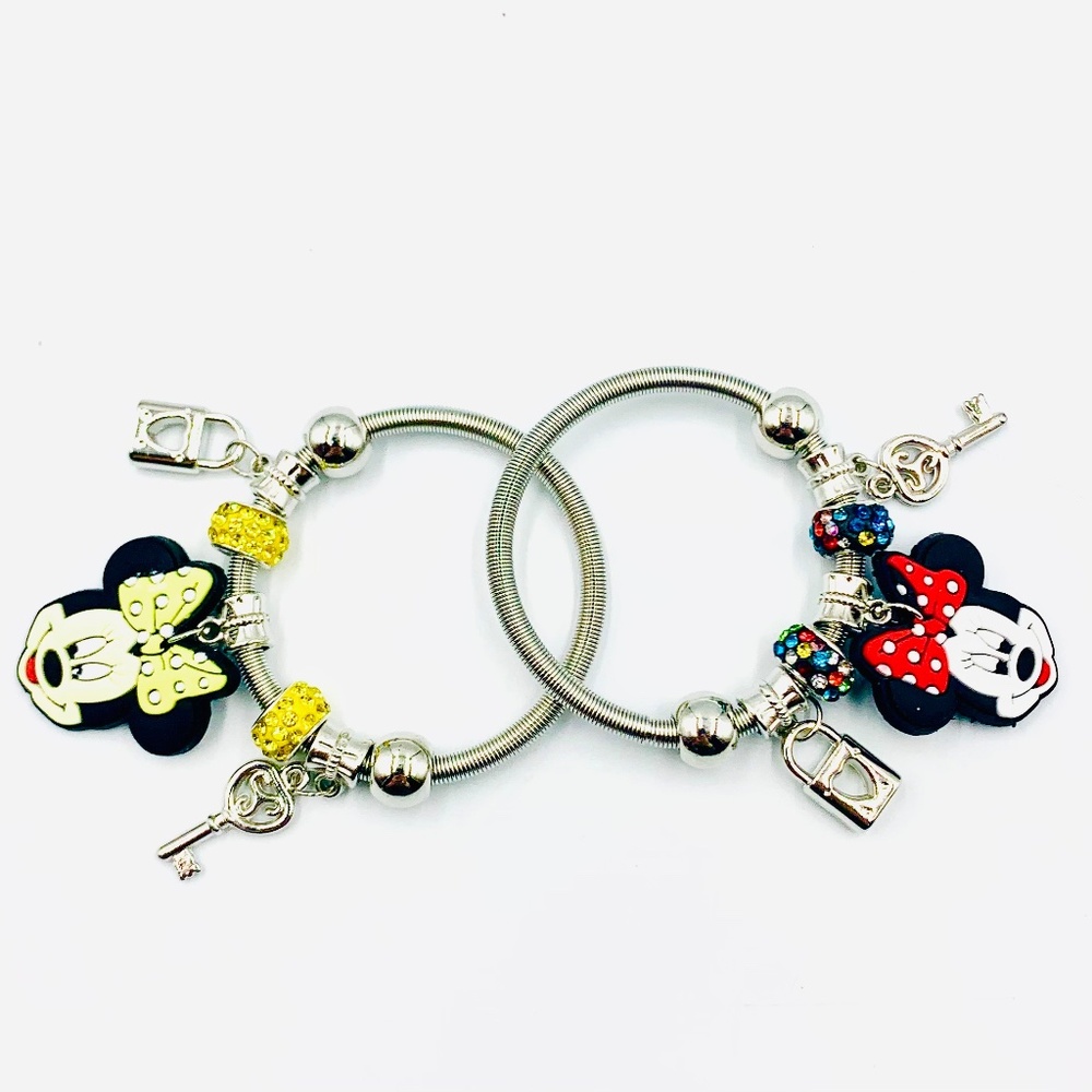 Girls Minnie Mouse silver red yellow charm love heart sparkly stretchy bracelet